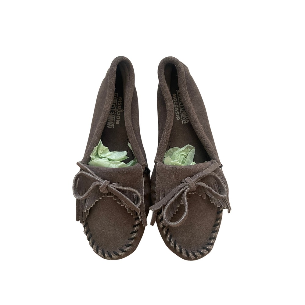 Minnetonka Kilty Suede Moccasins Fringe Gray Flats Size 7